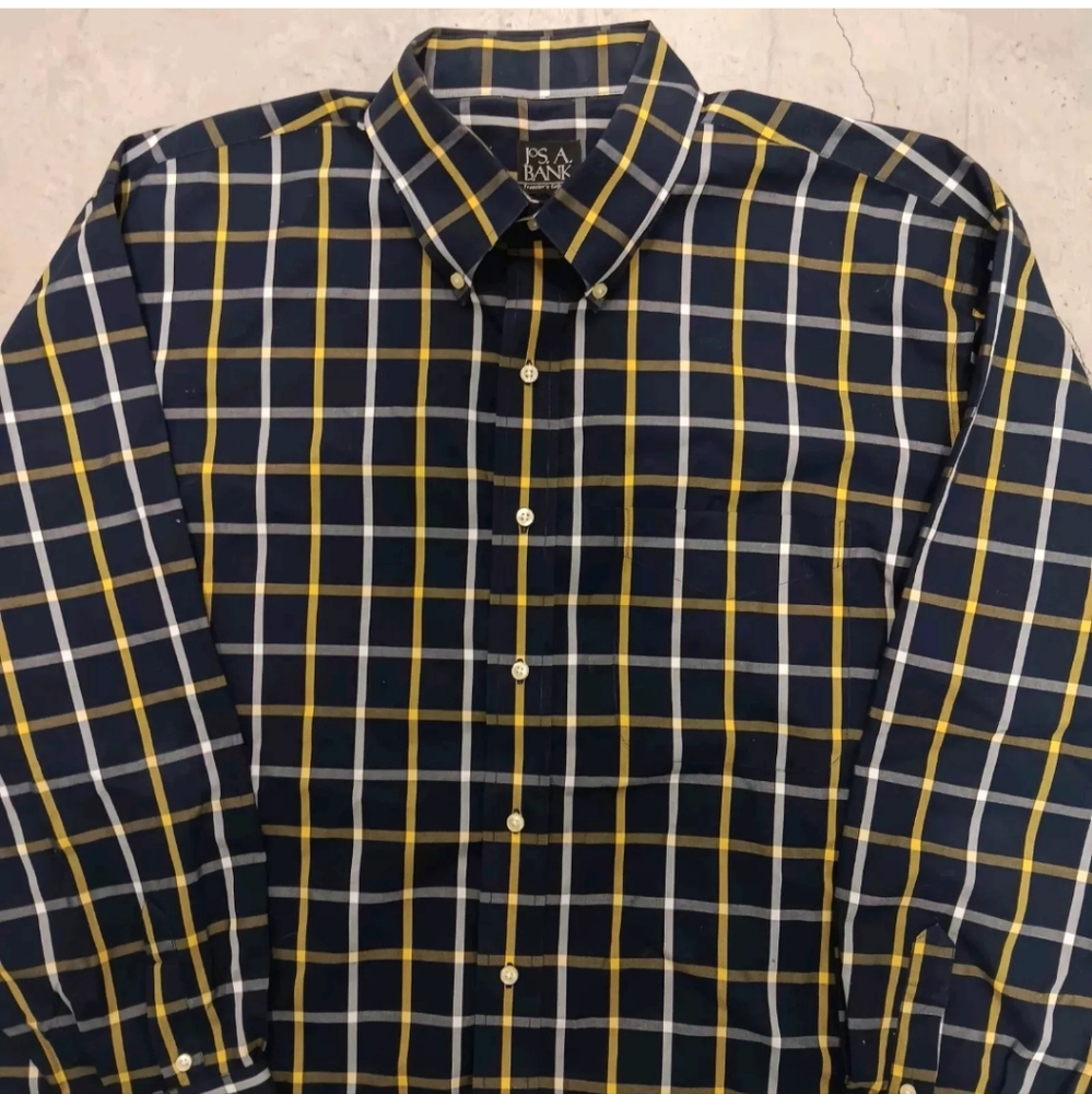 Jos A Bank Traveler Long Sleeve Button Down Shirt Size XXXL Navy Blue Yellow